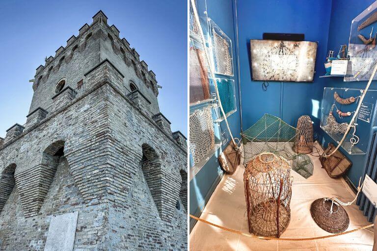 Traditional fishing baskets, nets and tools displayed inside Torre del Cerrano